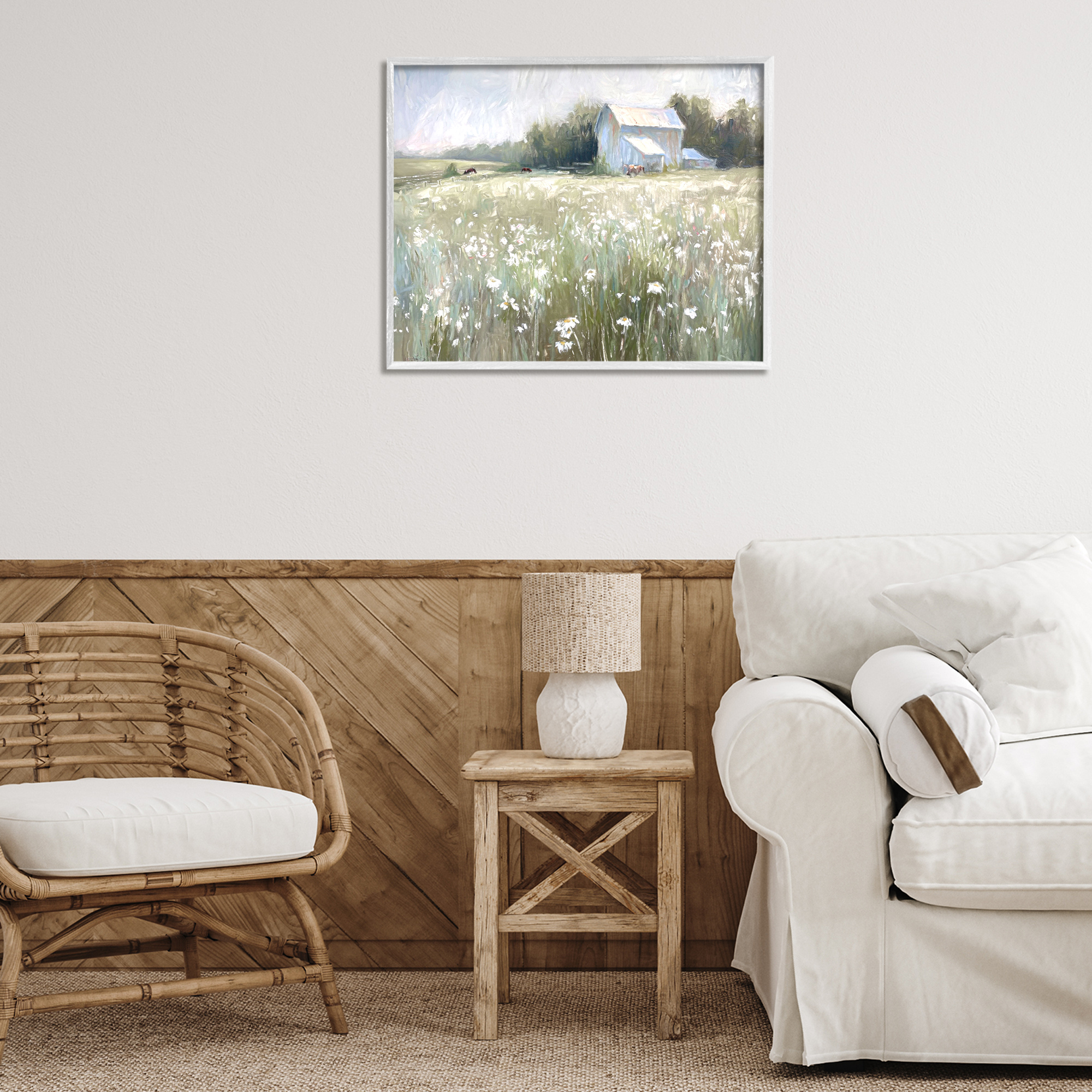 Stupell Industries Peaceful Pasture Meadow Landscape Painting White Framed Art Print Wall Art, 30 x 24