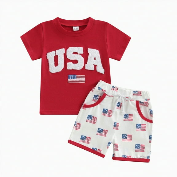 Kedxroy Toddler Boy 4th of July Outfit Baby Boy American Flag T Shirt Shorts Set Fourth of July Summer Clothes(Z04-Red,12-18 M)