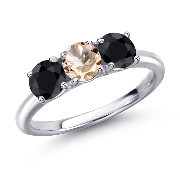 Gem Stone King 925 Sterling Silver Peach Morganite and Black Sapphire Engagement Ring for Women | 1.78 Cttw | Round 5MM | Gemstone October Birthstone | Size 9