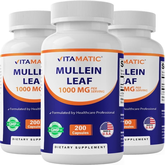 3 Pack Vitamatic Mullein Leaf 1000mg per Serving - Supports Healthy Respiratory, Bronchial & Immune Function - 200 Ct