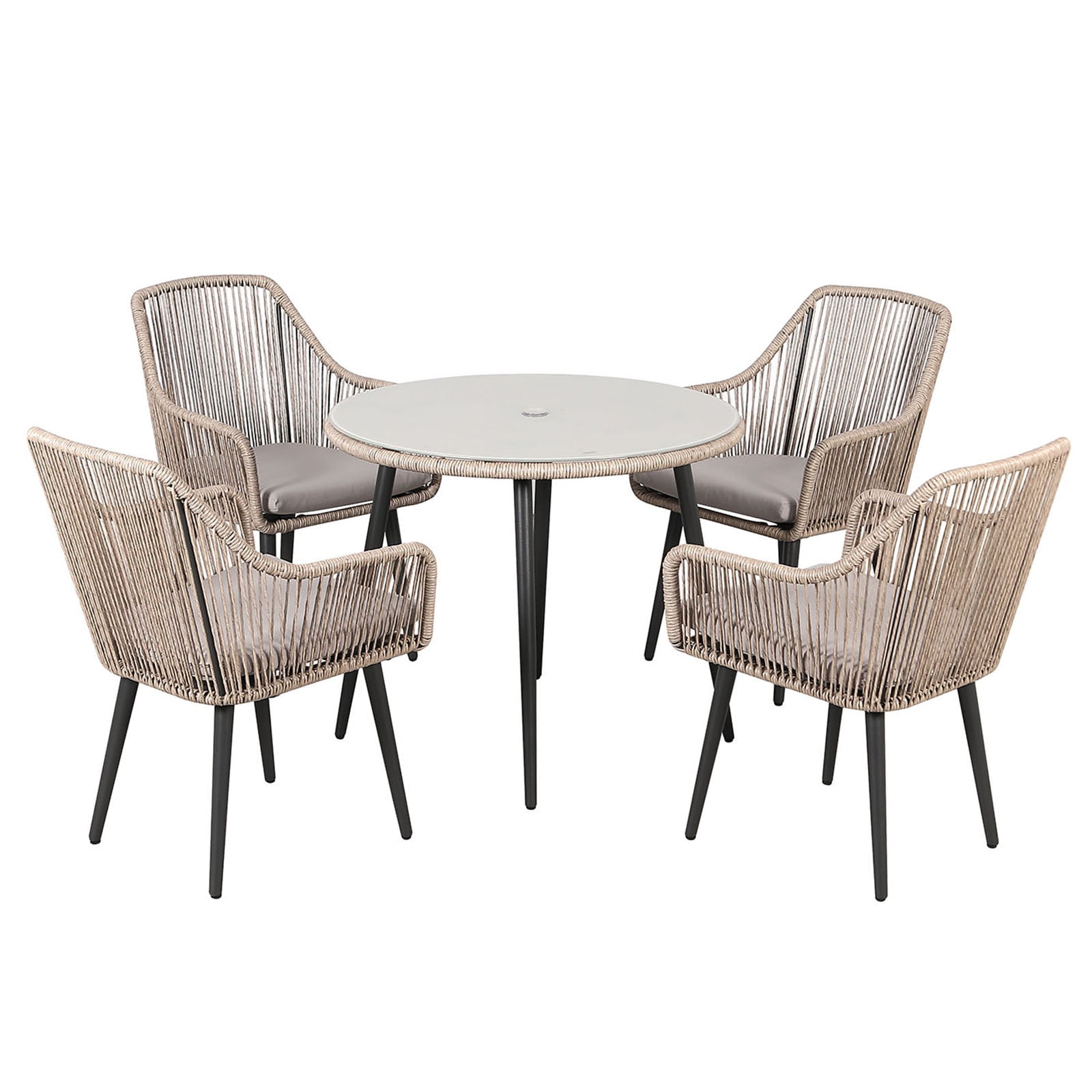 JOIVI 5-Piece Outdoor Dining Set, Wicker Patio Dining Set, Rattan Patio Furniture Table and Chairs Set for 4 People, with Umbrella Hole for Lawn, Backyard, Garden, Tan