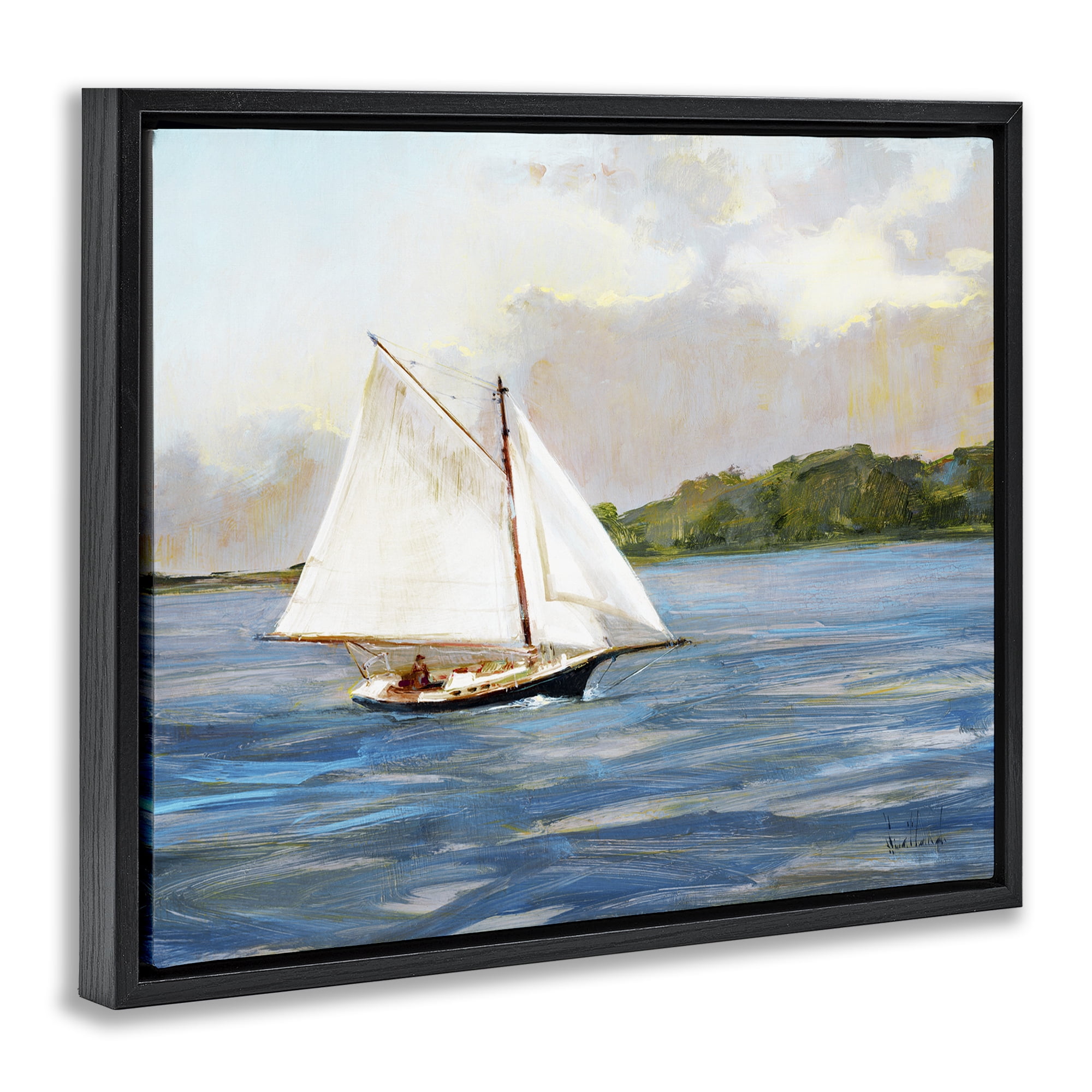 Stupell Industries White Sailboat on Calm Blue Sea Black Framed Floater Canvas Wall Art, design by Katie Swatland