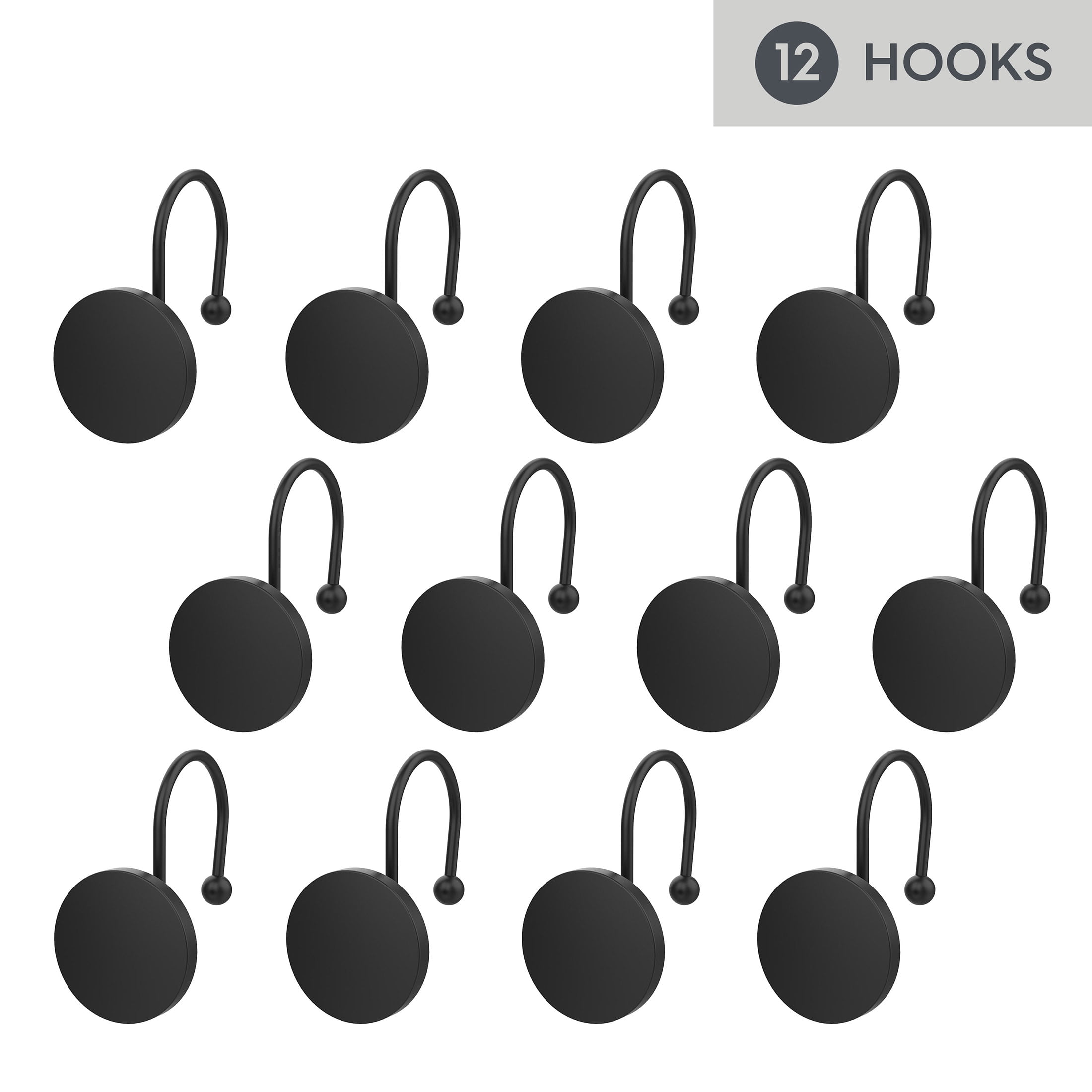Better Homes & Gardens Matte Black Decorative Button Shower Hooks, Rustproof Metal, 12 Count