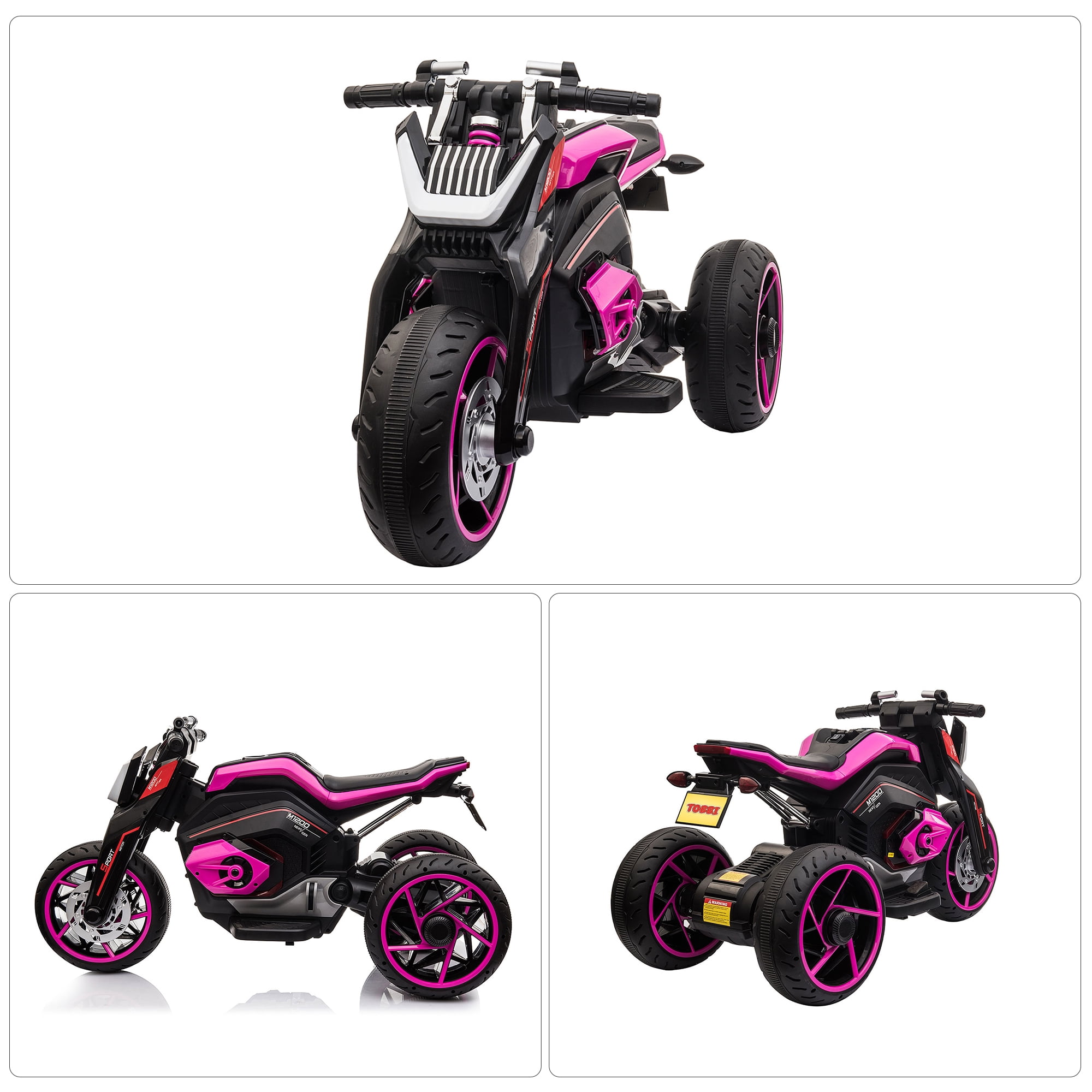TOBBI 12V Kids Ride on Motorcycle Battery Powered Electric 3 Wheels Trike Motorcycle W/ Lights, Rose Red