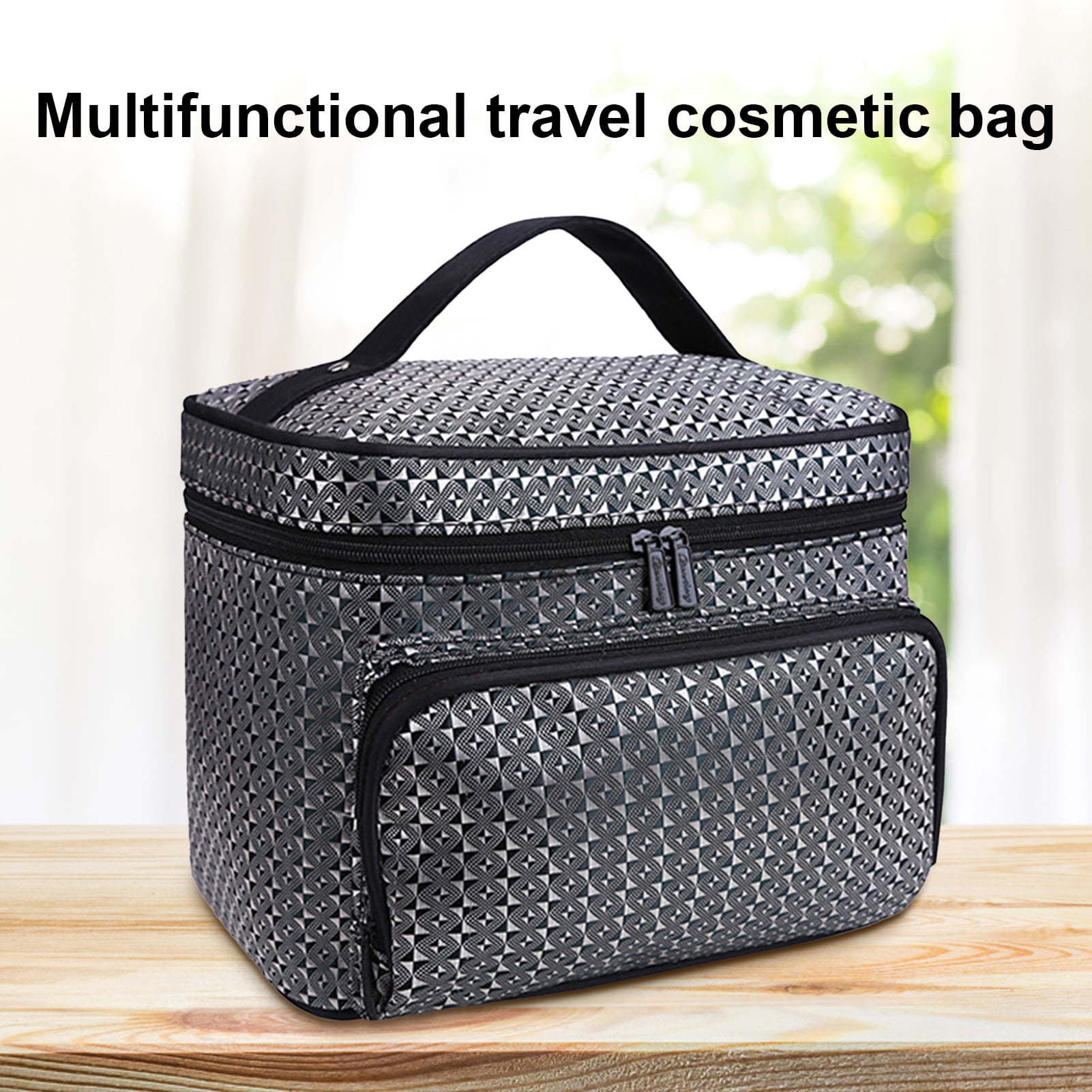 Large Capacity Travel Cosmetic Bag Plaid Checkered Makeup Bag Portable  Leather Waterproof Skincare Bag with Handle and Divider for Women