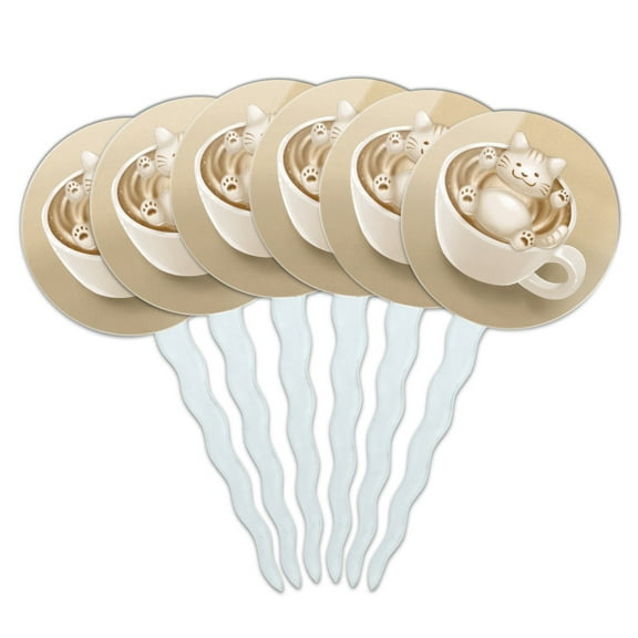 Foamy Cat Latte Art Cupcake Picks Toppers Decoration Set of 6