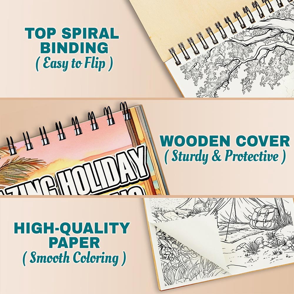 Netecom Amazing Holiday Destinations Coloring Book Spiral Bound for Adults, A5 Wooden Cover, 30 Peaceful Coloring Pages of Natural Landscapes for Stress Relief and Relaxation