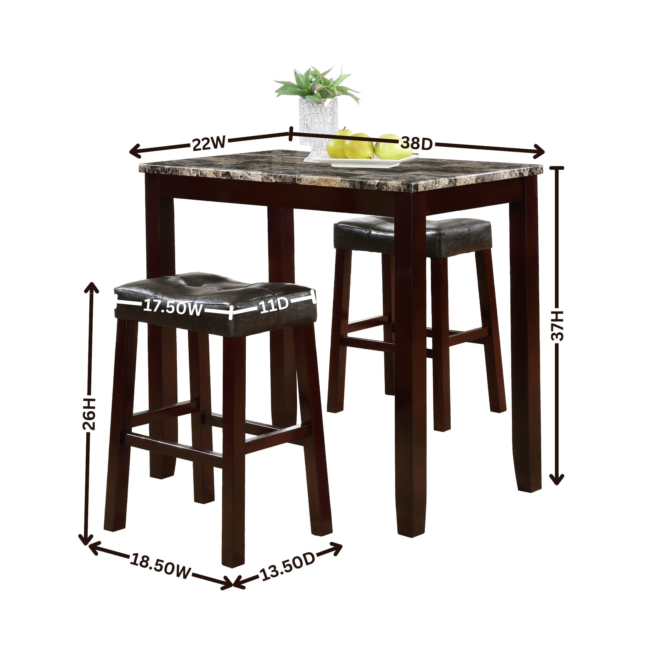 3-Piece Counter Height Glossy Print Marble Breakfast Table with Stools