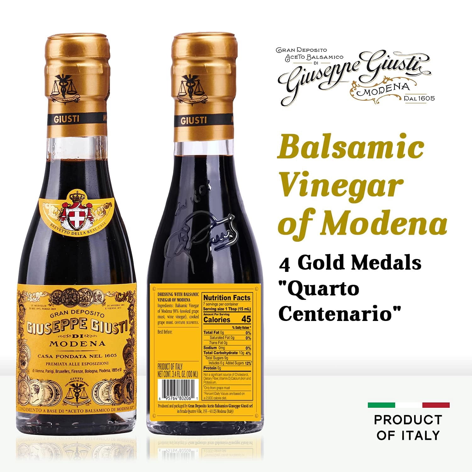 Giusti Balsamic Vinegar of Modena IGP – Extra Thick & Rich Aceto Balsamico di Modena, Matured in Traditional Aging Casks - 4 Gold Medals, with Box, Made in Italy - 3.38 fl oz (100 ml) - Pack of 1