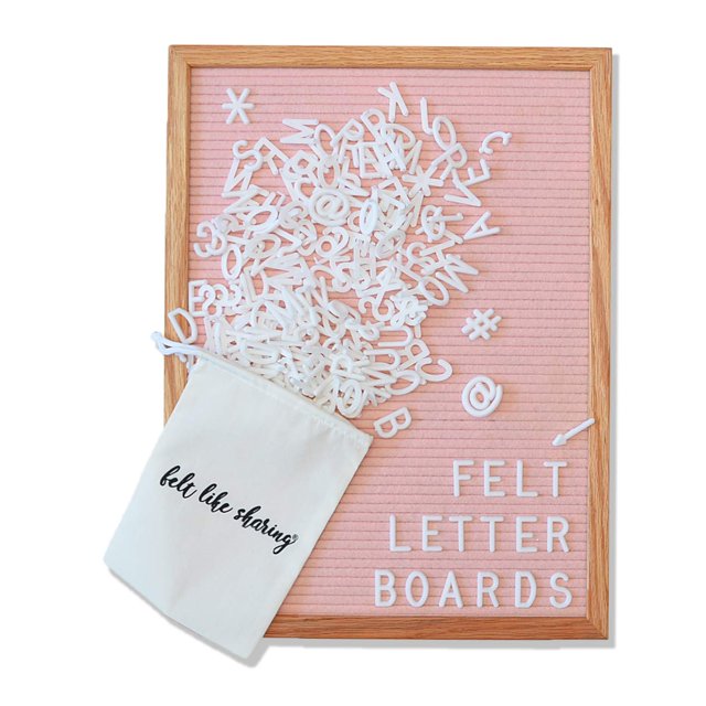 Light Pink Felt Letter Board 12x16 Inches Changeable Letter Board Plus 348 White Plastic Letters Warm Oak Frame Wooden Letter Board w/Sawtooth Wall Hanger + Drawstring Pouch For Letterboard Letters