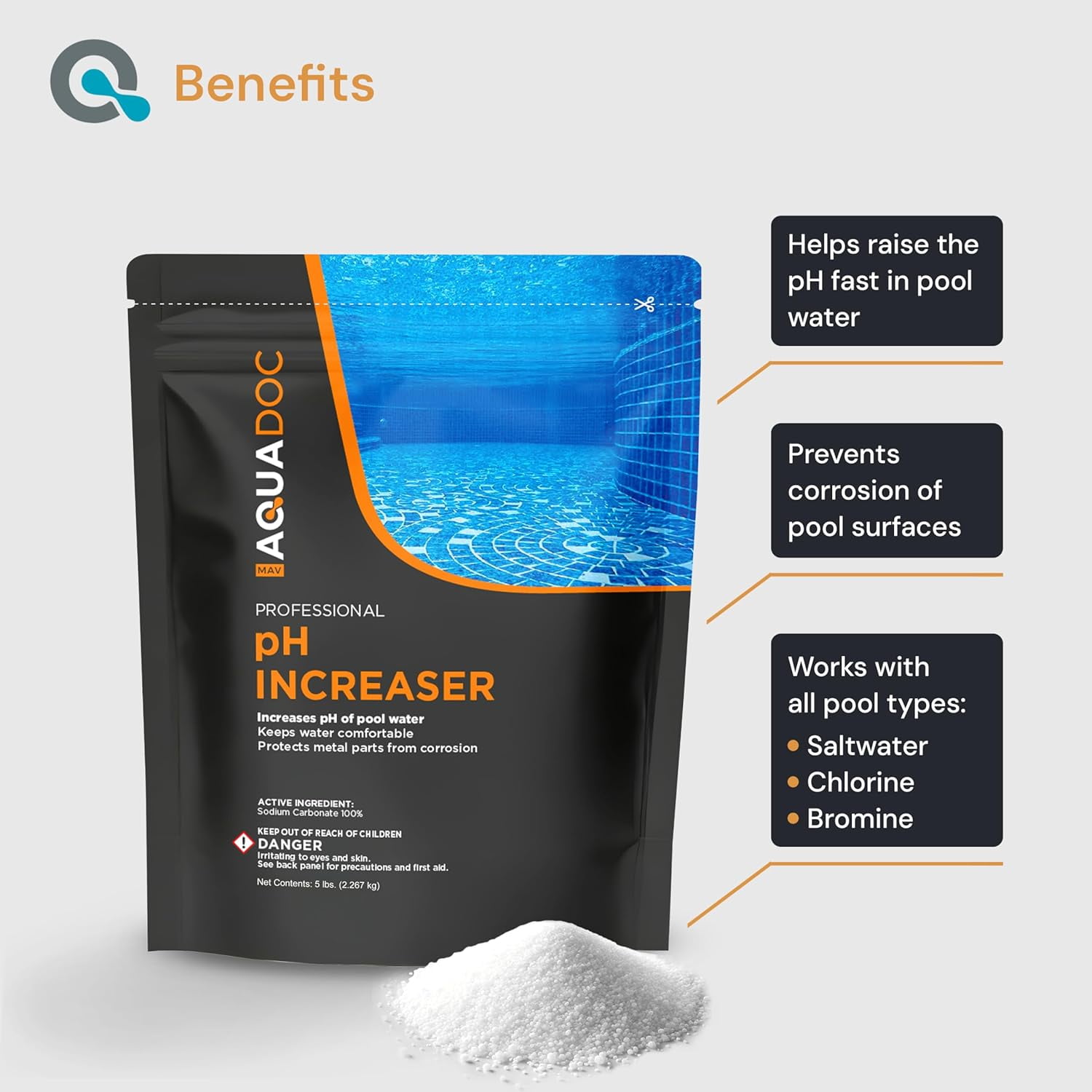 MAV AquaDoc pH Up for Swimming Pools - 5lb - pH Increaser for Pool Water - Sodium Carbonate Soda Ash for Swimming Pools - Pool Chemicals Made in The USA