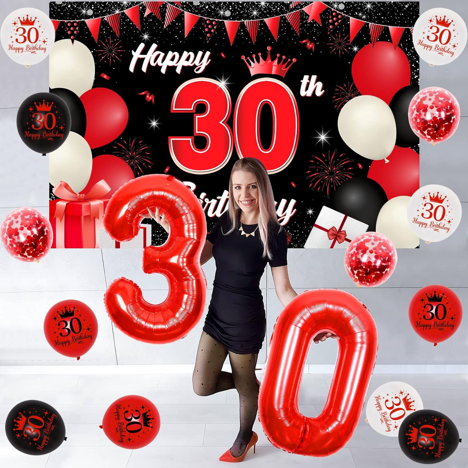 Black and red decorations for male and female 30th birthdays, background of 30th birthday cake and 30th balloon
