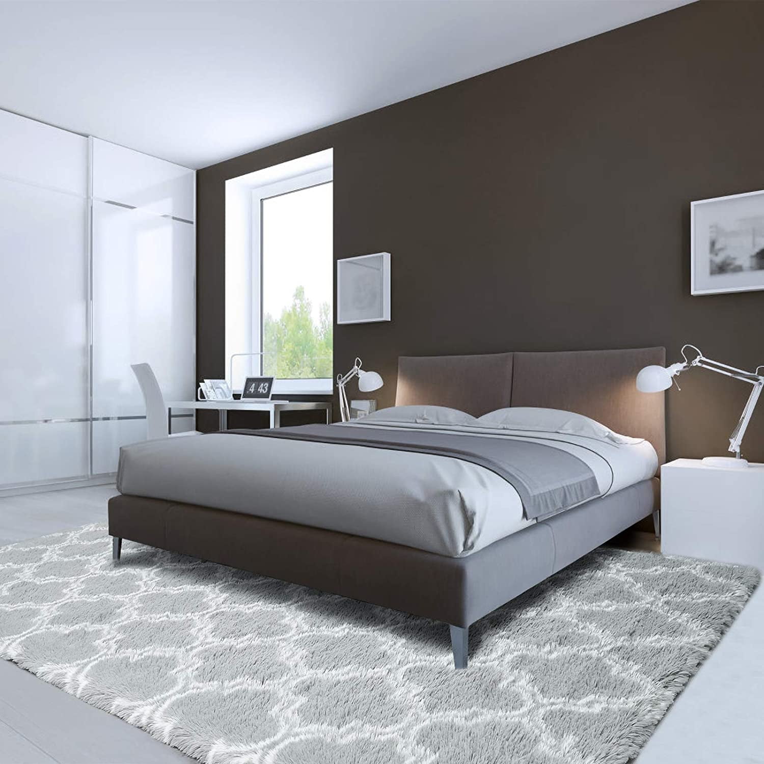 Junovo Shaggy Soft Rugs Bedroom Living Room Flully Carpet Home Decor Rug,6'x9',Light Gray/White