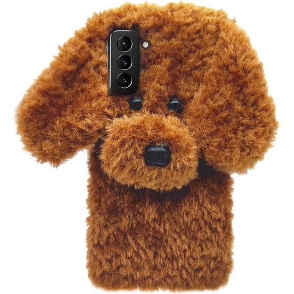 Compatible with Galaxy S24 Plus Case Cute Plush Furry Dog Phone Case for Women Girls Girly 3D Cartoon Kawaii Case Soft TPU Shockproof Protective Cover, Brown
