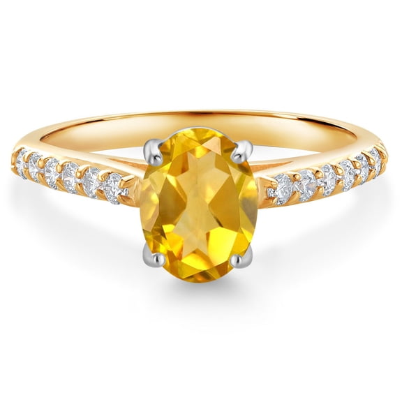 Gem Stone King 10K Yellow and White Gold Yellow Citrine and White Lab Grown Diamond Engagement Ring for Women (1.48 Cttw, Oval 8X6MM, Gemstone November Birthstone, Size 8)