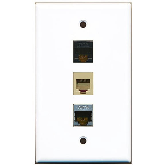 RiteAV - 1 Port Phone RJ11 RJ12 Beige and 1 Port Shielded Cat6 Ethernet and 1 Port Cat6 Ethernet Black Wall Plate