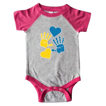 

Inktastic Down Syndrome Awareness with Handprints and Hearts Blue and Yellow Gift Baby Boy or Baby Girl Bodysuit