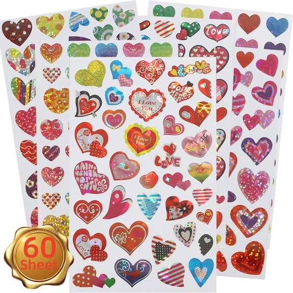 Small Heart Stickers, 60 Sheets Glitter Valentine Stickers for Crafts and Gifts