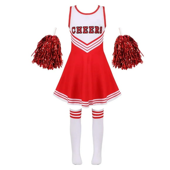Kids Cheerleading Costume School Girls Cheerleader Uniforms Cheer Dance Outfits for Halloween Cosplay Dress with Socks Flower