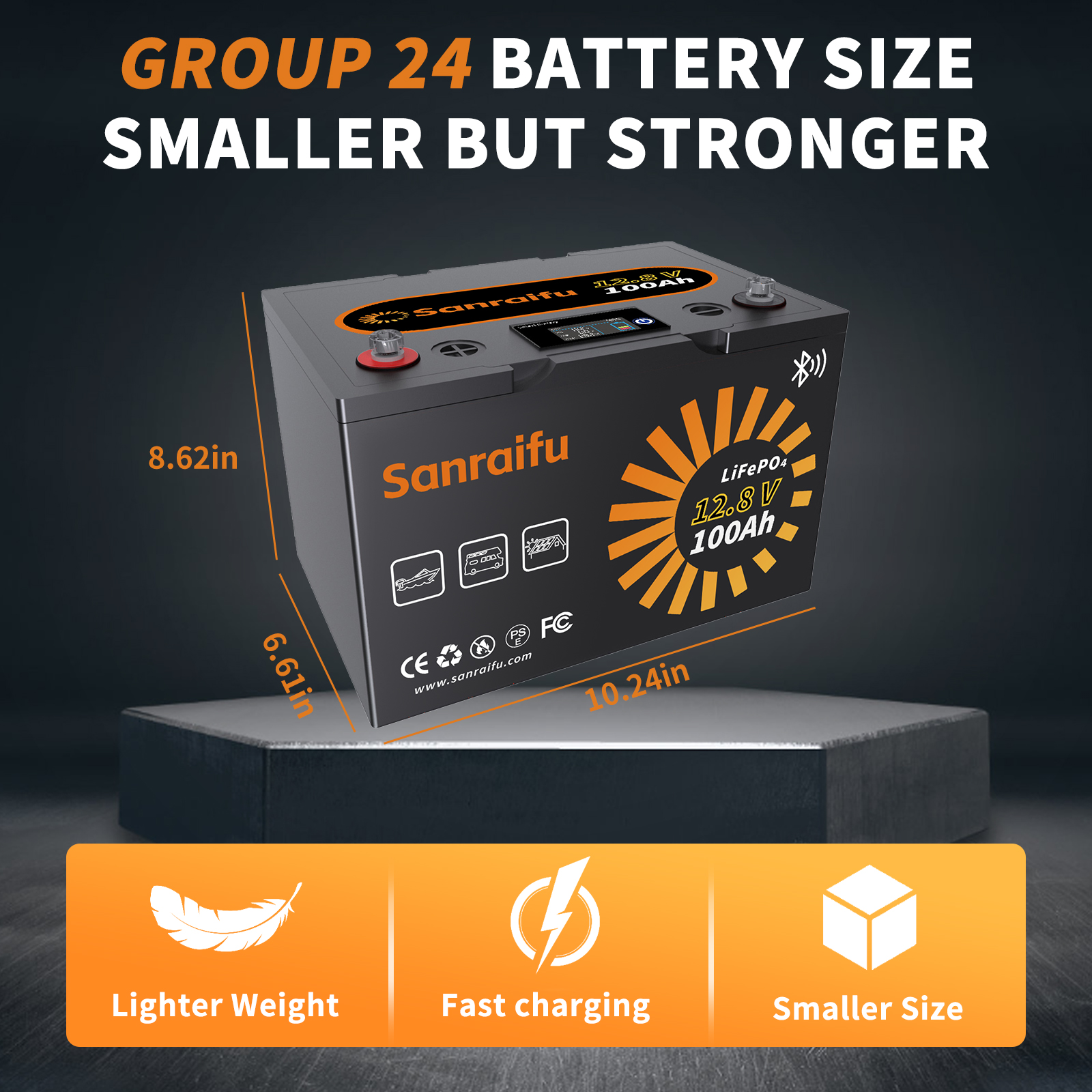 Sanraifu 12V 100AH LiFePO4 Battery, Bluetooth, LCD Display, RV, Boat, Camper, Off-Grid System