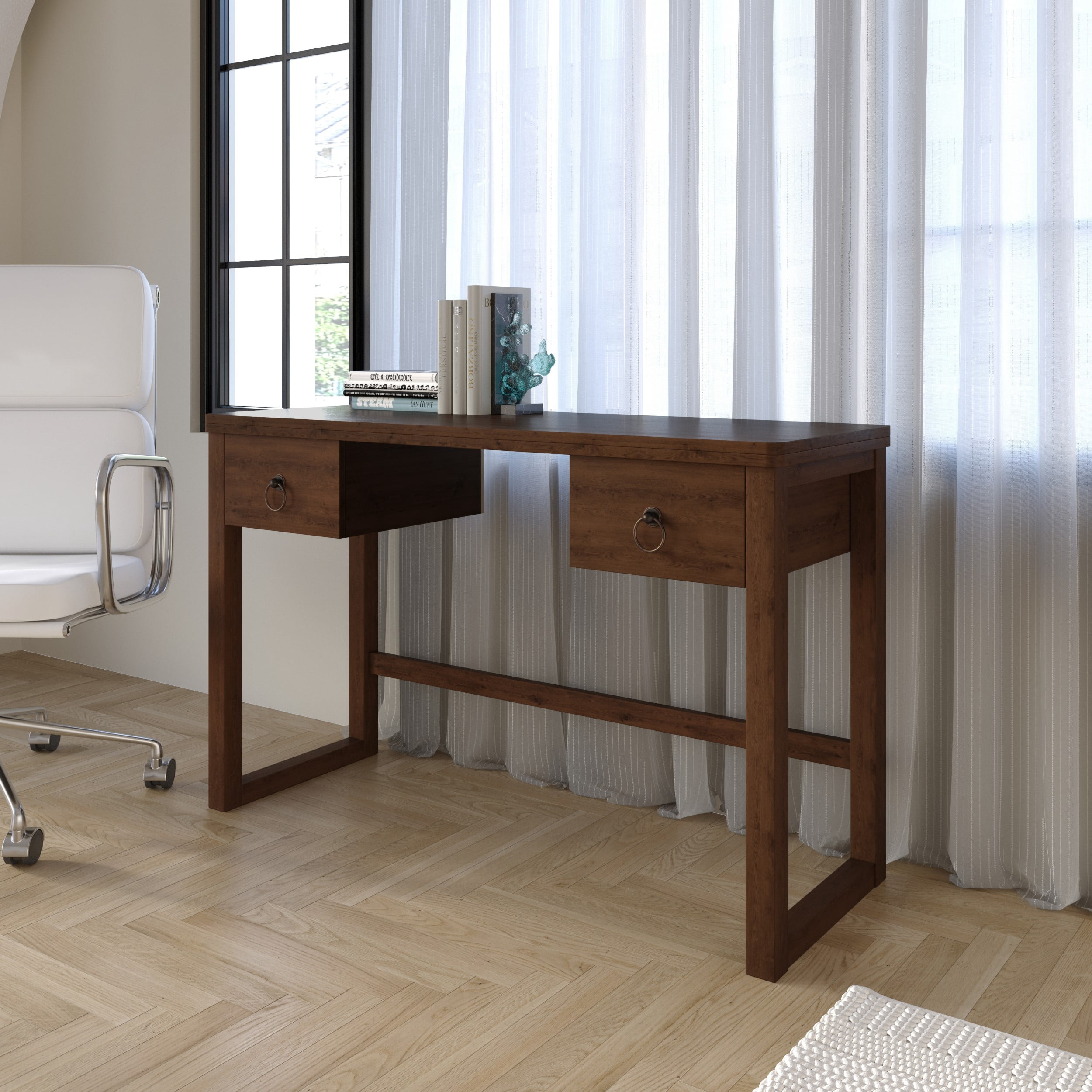Home Design Dario Writing Desk with Spacious Tabletop and 2 Built-In Drawers, Modern Clean-Lined Design for Home Office, Study Area, or Creative Space, Brown
