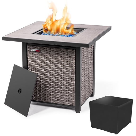 OuterMust 30 Inch Propane Fire Pit Table, 50,000 BTU Electronic-Ignition Rattan Patio Gas Fire Pit with Lid & Glass Bead, Outdoor Fireplace for Dining or Party, Gray