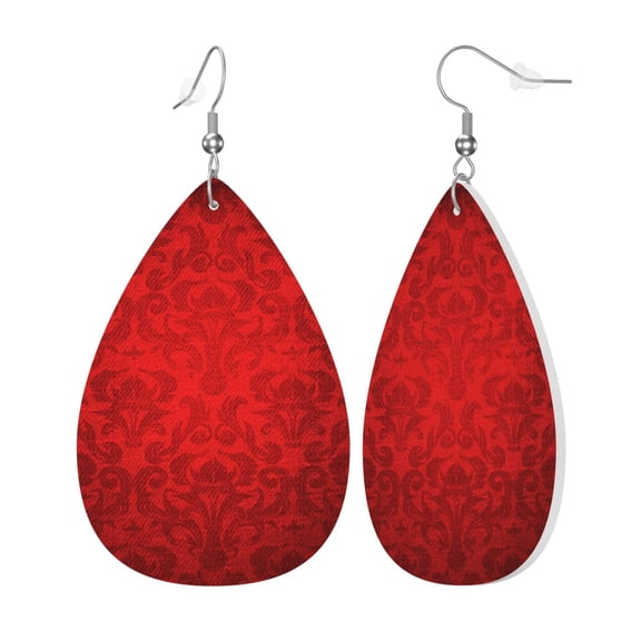 Leather Earrings Dangle Drop For Women Red Damask Teardrop Earrings Lightweight Gifts