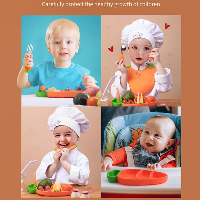 YAOMOBB Silicone Toddler Plate With Stainless Steel Utensils Silicone Plate Set with Suction Cup for Toddlers Carrot Design Baby Bowl with Straws Cutter and Forks