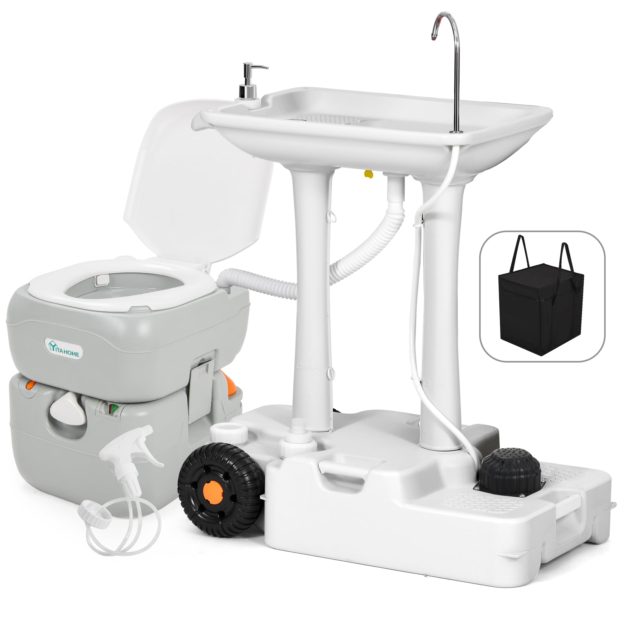 Dextrus Portable Sink and 5.8 Gallon Toilet Combo,30L Hand Washing Station, RV Toilet with Carry Bag and Hand Sprayerfor Camping
