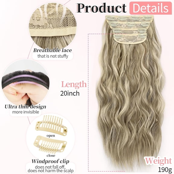 WEIF-Clip in Synthetic Highlight Hair Extensions Long Wavy 4PCS Thick Hairpieces Ash Brown mix Platinum Blonde Fiber Double Weft Natural Hair Extensions 20 Inch for Women