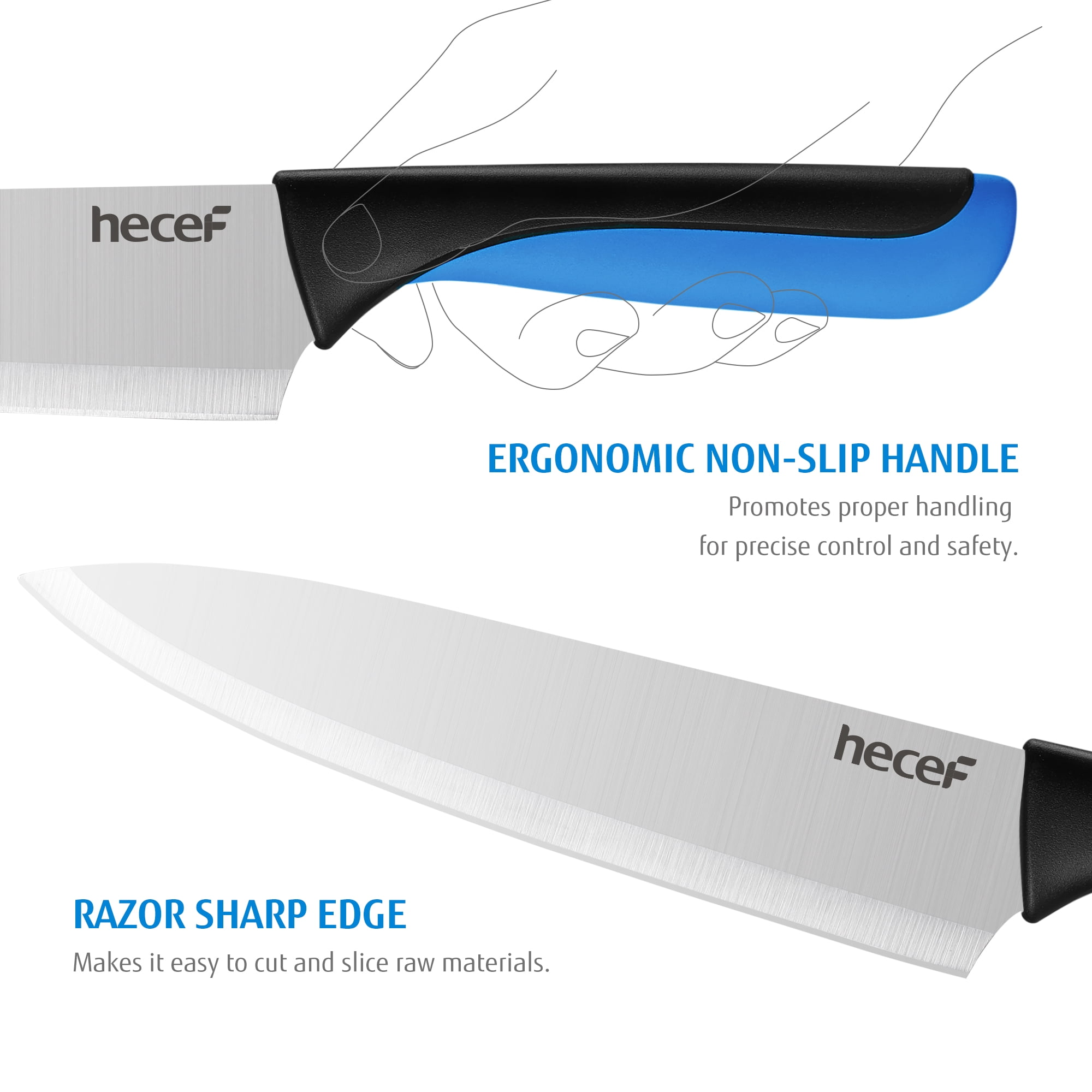 Hecef 13-Piece Knife Set with Block, High Carbon Steel Sharp Chef Knives with Build in Sharpener