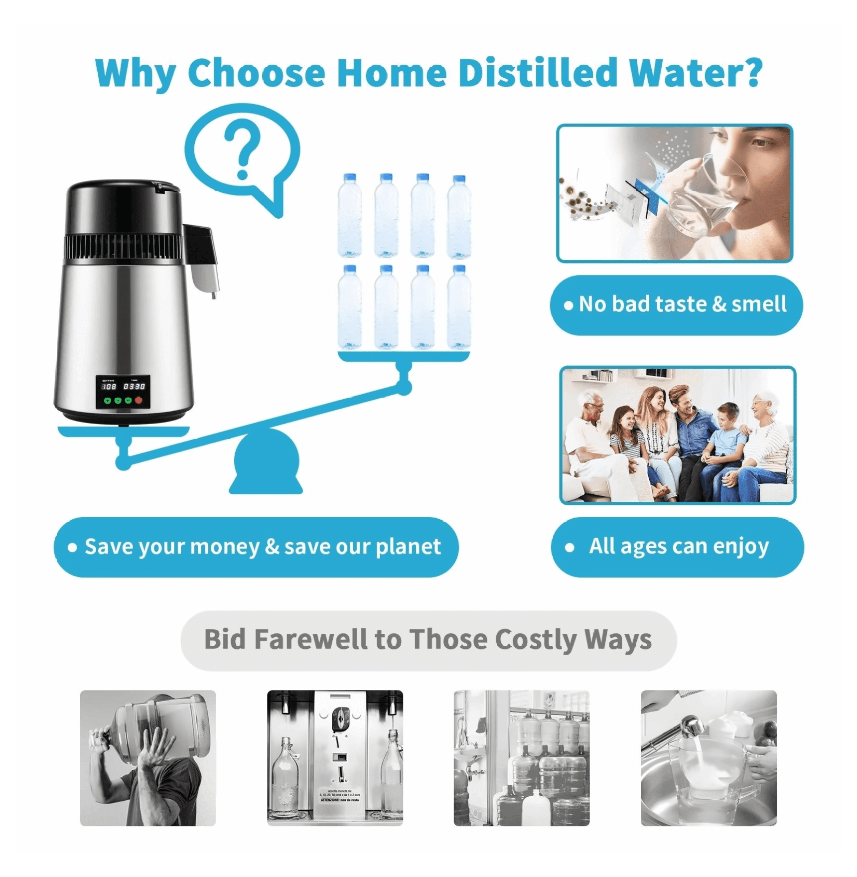 1.1 Gal Water Distiller, 750W Distilled Water Machine, 0.3 Gal/H, Temp Control, Stainless Steel, Glass Carafe, with Cleaning Powder & Carbon Filters