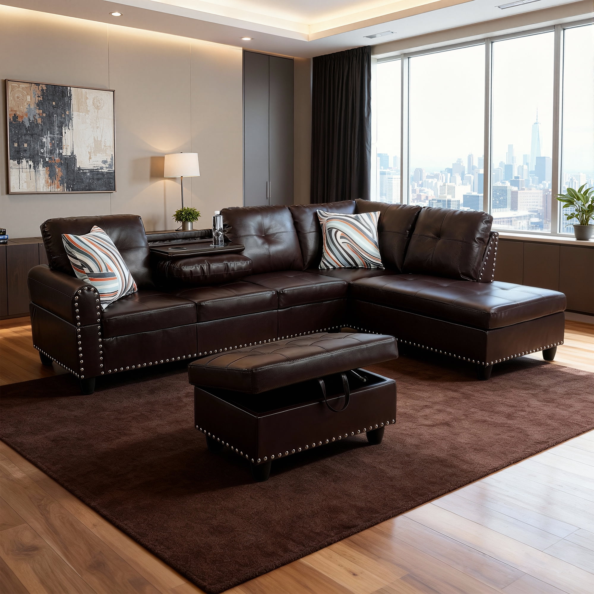 MAYEERTY 97.5" Sectional Sofa with L-Shape Chaise, 3-Piece Faux Leather Sofa Couch for Living Room, Brown