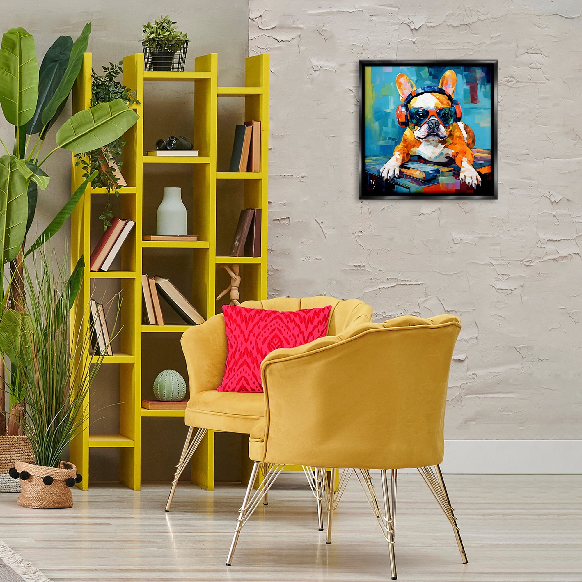 Stupell Industries French Bulldog with Headphones Animals & Insects Painting Black Floater Framed Canvas Art Print Wall Art, 18 x 18