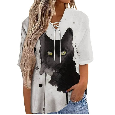 

Crop Tops for Women Tunic Tops Women Classic Summer Straps Blouse Print V-neck Short Sleeve Tunic Tops Flowy Blouses Shirt Womens Workout Tops Black Shirts for Women New Arrival Gray XL