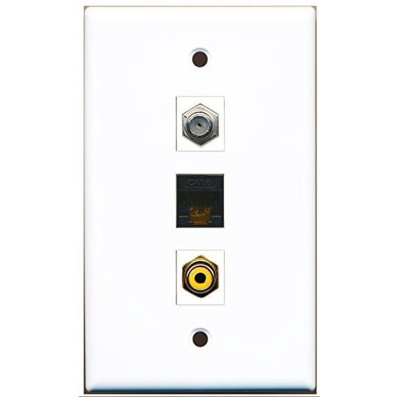 RiteAV - 1 Port RCA Yellow and 1 Port Coax Cable TV- F-Type and 1 Port Cat6 Ethernet Black Wall Plate
