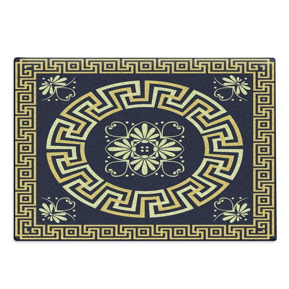 Greek Key Cutting Board, Meander Spring Inspired Floral Detail Rich and Retro Entangled Maze, Decorative Tempered Glass Cutting and Serving Board, Large Size, Dark Blue Yellow, by Ambesonne