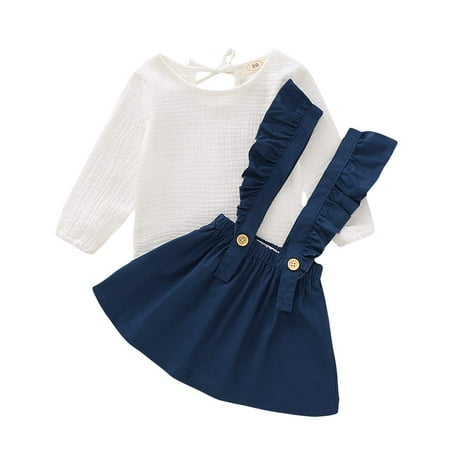 

GRNSHTS Toddler Baby Girl Clothes Long Sleeve T-Shirt Top Ruffle Strap Skirt Suspender Dress 2PCS Outfits Blue 5-6T