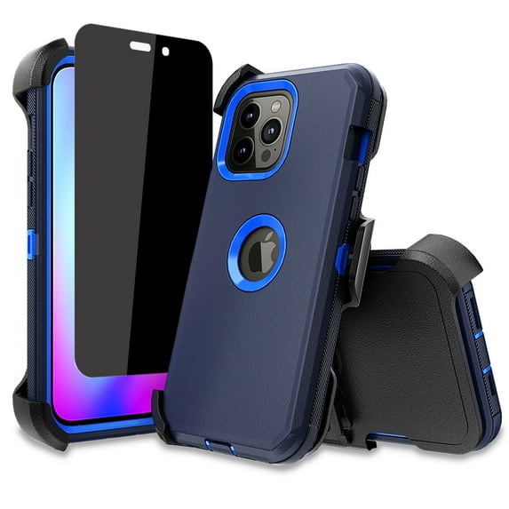 NIFFPD iPhone 14 Pro Case with Screen Protector(Anti Spy Privacy) + Belt-Clip Holster, Heavy Duty Hard Shockproof Phone Case for iPhone 14 Pro 6.1" Black+Dark Blue