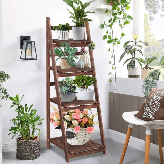 Lohoms Plant Stand, 4-Tier Foldable Ladder Plant Stand Bookshelf, Flower Pot Rack Wooden Storage Shelf Display Holder, Brown