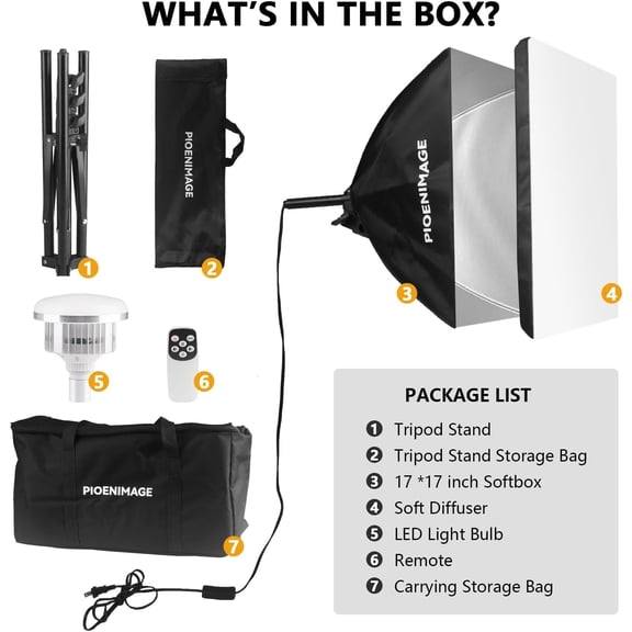 Softbox Lighting Kit, Soft Box Photography Lighting Set with 17in x 17in Softbox, Folding Lighting Tripod, 85W 2700K-6500K LED Bulb, Remote, Studio Lights for Photography, Video Recording