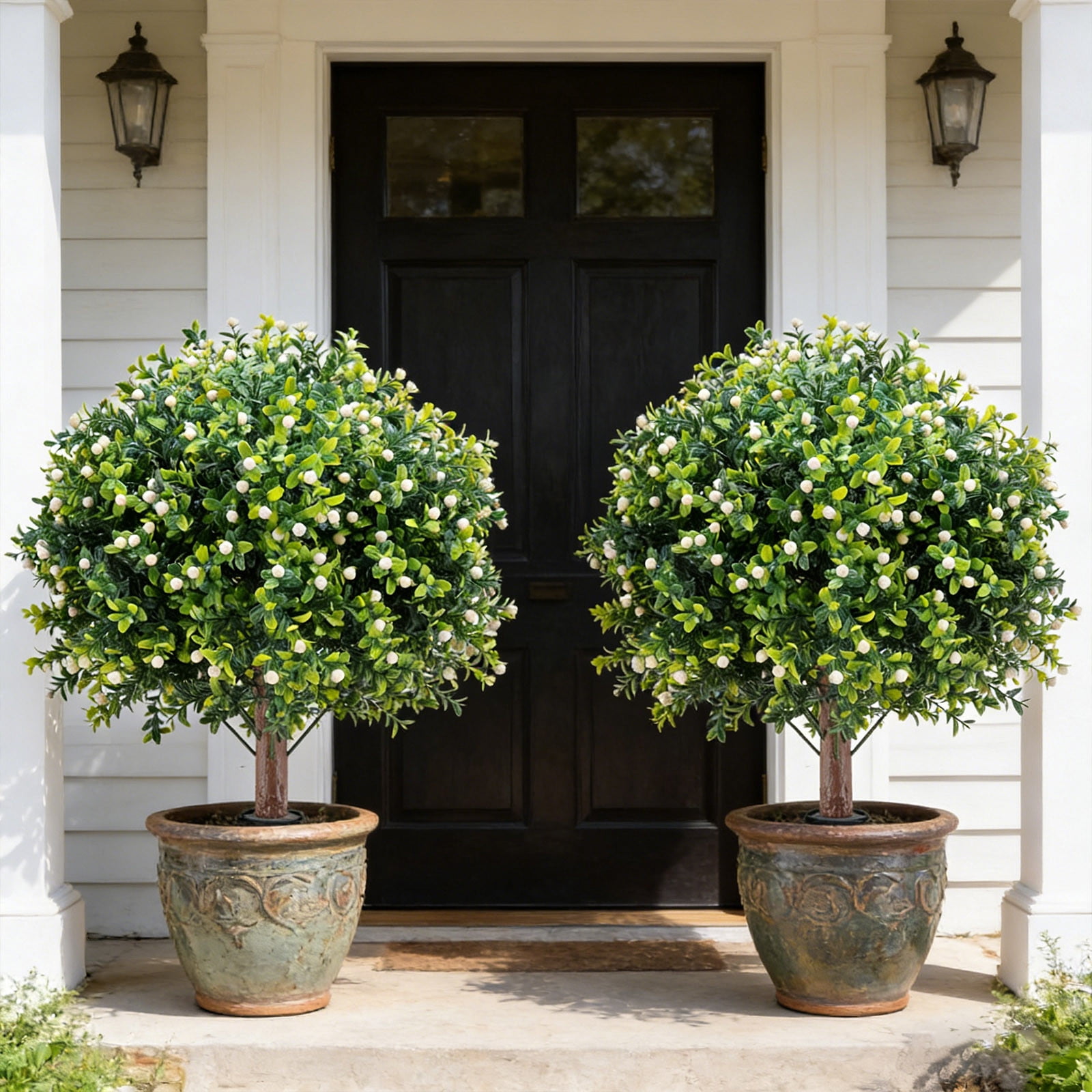 Artificial Boxwood Tree Outdoor Plant Fake Shrub Easy Install No Maintenance Realistic Design, Decorative Faux Plant for Garden Porch Patio Yard Landscaping Home Decor Outdoor Use