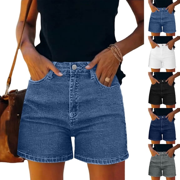 Womens Relaxed Fit Casual High Waist Denim Shorts Summer Casual Hiking Shorts Button Waist with Pockets by Yigetop Black L