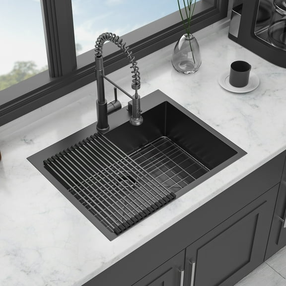 Kitchen Sink Black Drop Sink, 28x22 inch Drop in Kitchen Sink Gunmetal Black Topmount 16 Gauge Deep Single Bowl Stainless Steel Sink Basin,Stainless Steel Kitchen Sink
