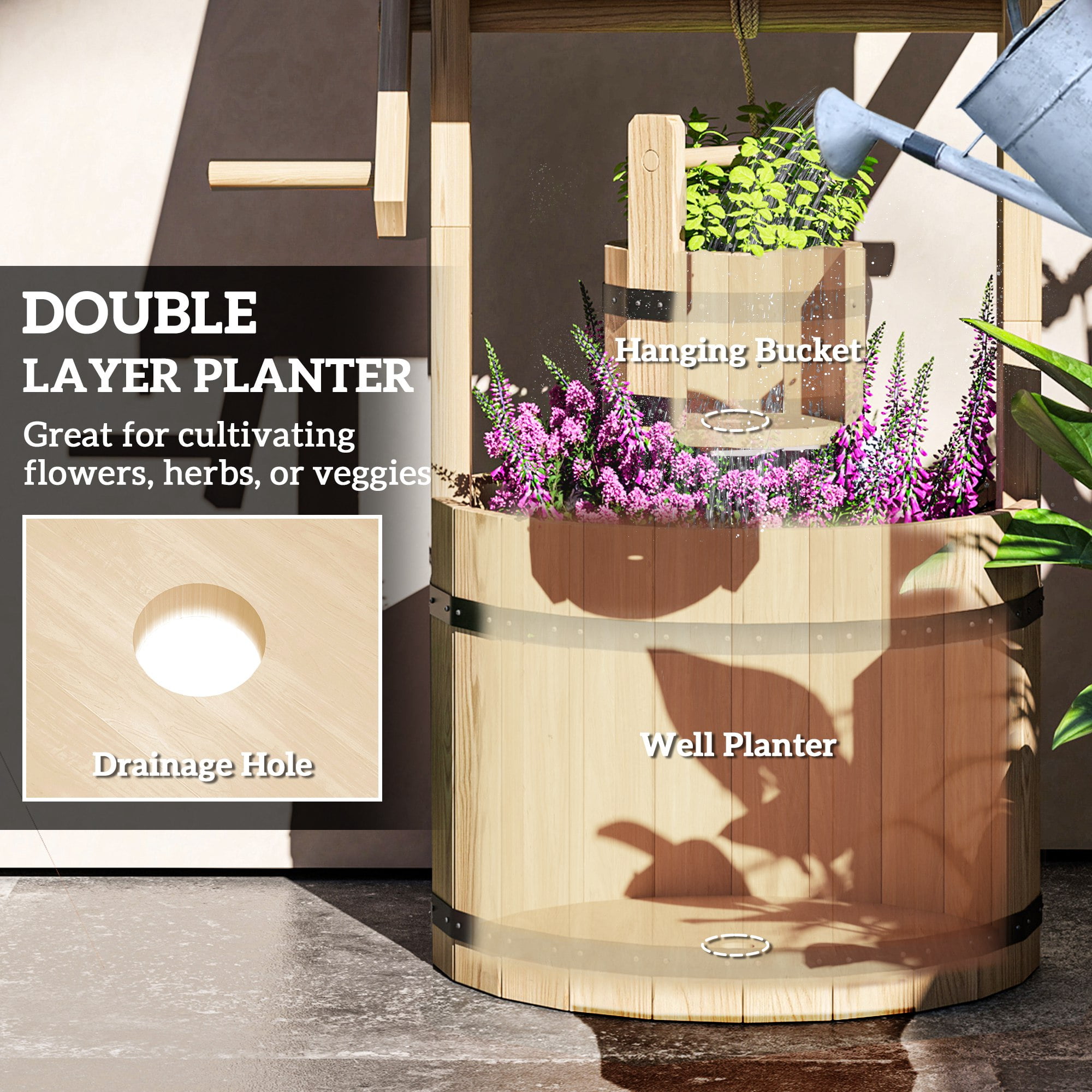 Outsunny Wishing Well for Outside, Wood Wishing Well Planter with Hanging Bucket, Decorative Planter with Drain Hole for Garden Patio, Natural