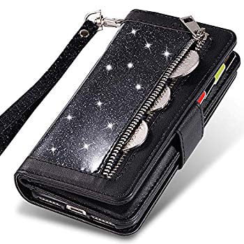 Gostyle Glitter Wallet Case Compatible with iPhone 11 Pro 5.8 inch,Bling Shiny Leather Zipper Case with 9 Card Slots,Flip Magnetic Closure Stand Cover with Cash Pocket and Hand Strap-Red 