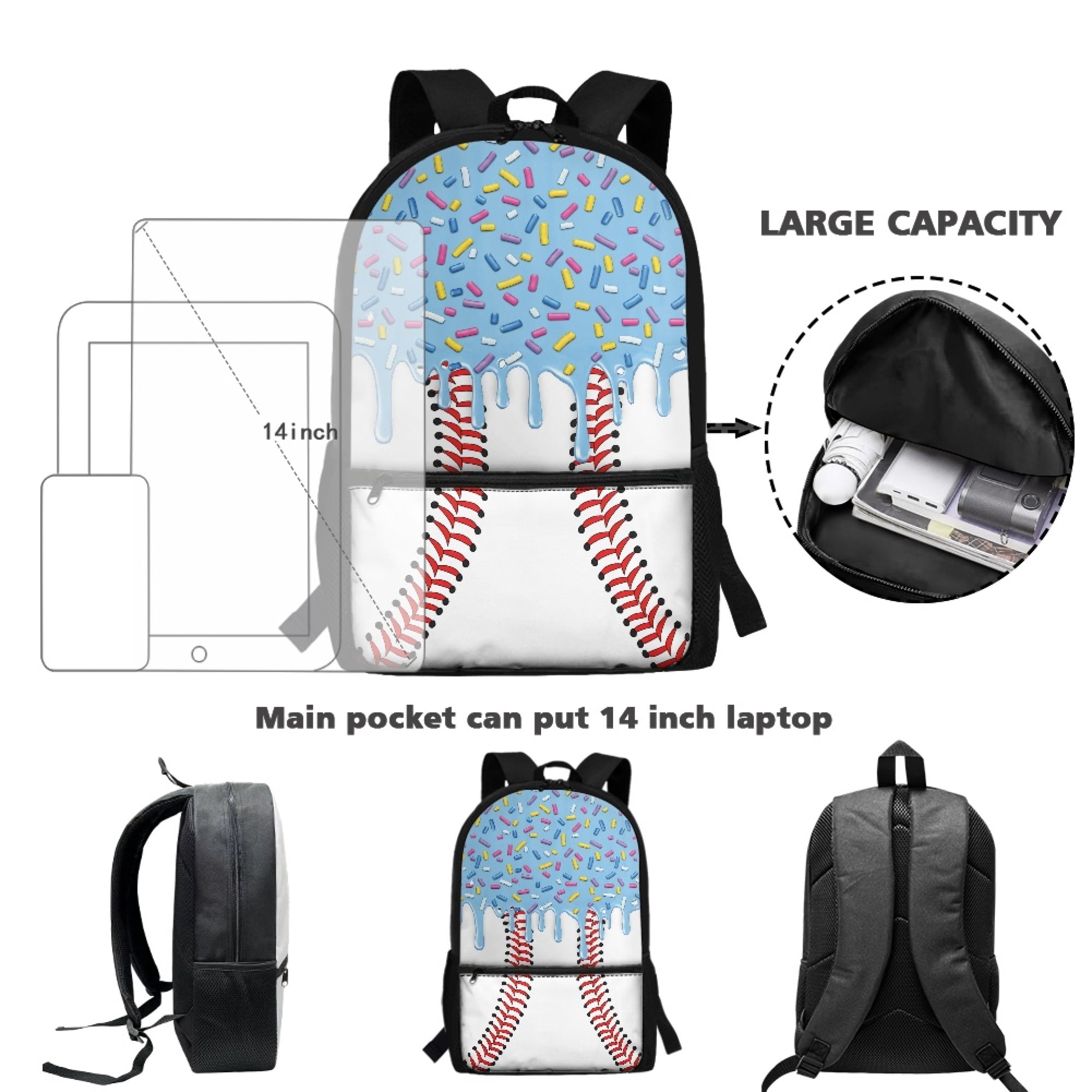 Uourmeti Baseball and Donut Print Student Bookbag, Big Storage Space School Backpack 17 Inch Large Capacity Polyester Backpack for Travel Outdoor