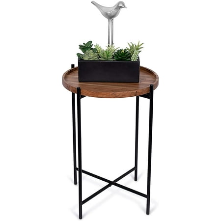 

BSL Folding Side Table with Removable Wood Tray - Black Metal Foldable Nightstand - Indoor Use Only - Bar Coffee Drinks Food Serving Tray - Decorative Modern End Accent - Natural Acacia