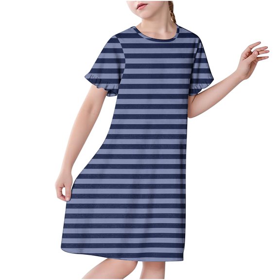 Auroural Girls Clothes 12 Girls Dresses Size 10-12 3-12 Years Girl's Fashion Striped Printed Dreamy Dress Mid Calf Home Wear Dress