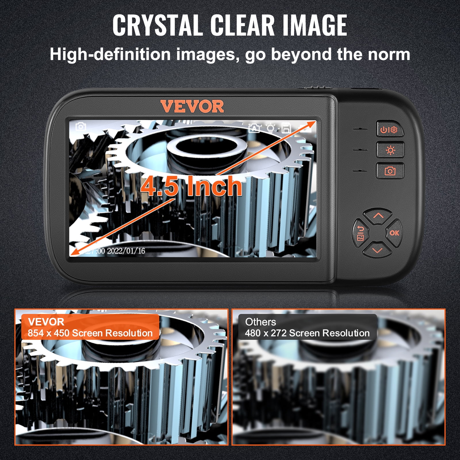 VEVOR Borescope Camera, Triple Lens Endoscope Camera with Light, 4.5" Screen 1080P Inspection Camera with 10 LED Light, IP67 Waterproof Drain Snake Camera for Auto, Plumbing (16.5FT Cable, 32GB Card)